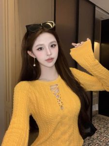 GUZILIAN | American Style Spicy Hollow Out Knitwear Womens Slim Fit Base Layer Sweater Design Sensation Small Audience Top