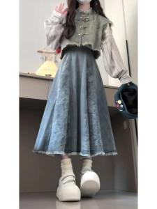 New Chinese Style Retro Denim Vest Dress Womens Autumn Winter New Design Sensation Skirt Set High Waist A-Line Long Sleeve