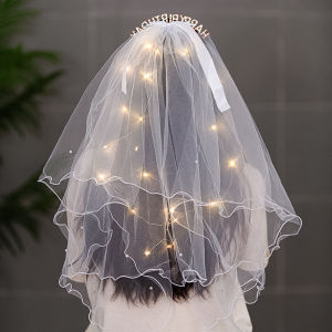 Romantic Double Layer Fairy Tale Wedding Veil with Pearl Ribbon Butterfly Knot Hair Accessory Photography Props Festive Decorations