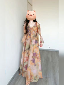 Slimming V-Neck French Vintage Oil Painting Print Bubble Sleeve Long Dress Womens A-Line Maxi Dress Casual Korean Style