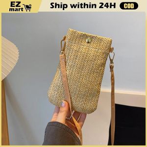 Summer Women Mini Straw Crossbody Bags Hand Woven Beach Phone Wallet Purse Straw Bag Women Woven Beach Crossbody Bag for Ladies Cute Shoulder Small Handbag