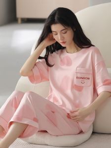 2026 New Pure Cotton Sweet Style Sleepwear Short Sleeve Seven-Piece Pants Thin Home Clothes Set for Women Summer Home Clothes