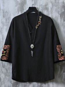 เสื้อยืดผู้ชายสไตล์จีน ผ้าลินิน ผ้าฝ้าย แขนสั้นปัก ชุดฮั่นฝู ฤดูร้อน ระบายอากาศได้ดี คอวี แฟชั่น ลำลอง Tee