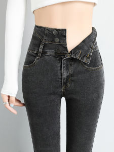 High Waist Fleece Lined Slim Fit Womens Jeans Autumn Winter Style Casual Washed Cotton Stretch Long Trousers Pencil Pants