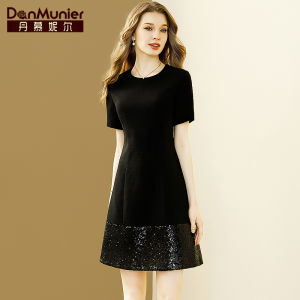 Elegant Black A-Line Dress Womens High Waist Shiny Sequins Summer Business Casual Commute Midi Dress Danmunier