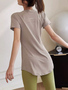 Womens Yoga Wear Quick Dry Short Sleeve Sport Shirt Summer Medium Length Hip Covering Slimming Training Running Fitness Wear