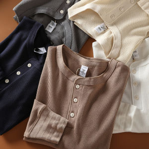 American Casual Heavyweight Henri Collar Mens Solid Color Knitted Hoodie Base Shirt Long Sleeve T-Shirt Breathable Cotton Youth Popular Autumn Wear