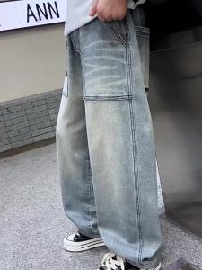 Jeans for Kids Boy 7-16years old New Style Straight Leg Cut Jeans Teens Boys Denim Jeans Loose Jeans High Waist Baggy Pants Wide Leg Trousers Casual Pants Fashion Embroidered Design 130-160CM