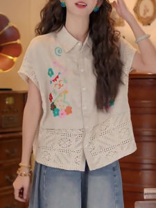 Shalldoer | Retro Hong Kong Style Hooked Floral Hollow Printed Short Sleeve Womens Shirt Summer Design Sensation Single Row Multi Button Top
