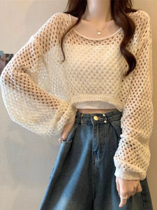 Womens Short Hollow out Long Sleeve T-Shirt Korean Style Loose Fit Summer Autumn Fashion Design Small Size Friendly Knitted Top