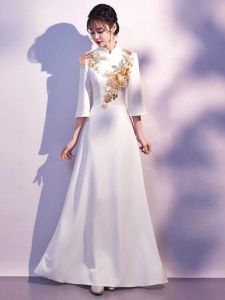 Elegant White Performance Outfit for Chorus Group Welcoming Ceremony Red Song Singing Hostess Formal Dress Floor Length