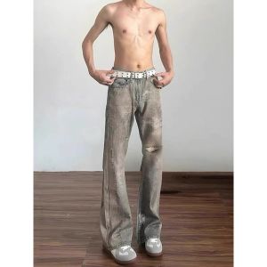 Ripped Micro Flared Jeans Men Summer American Retro Apocalyptic Style Worn out High Street Vibe Straight Leg Jeans