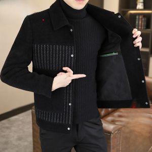 HENGYUANXIANG | Hengyuanxiang Mens Woolen Jacket Coat Thickened Winter Fashion Slim Fit Shirt Stripe Pattern Turn-down Collar Outerwear