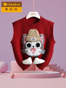 เสื้อกั๊กถักสีแดงสไตล์เกาหลีสำหรับเด็กผู้หญิง เสื้อแขนกุดแฟชั่นฤดูใบไม้ผลิและฤดูใบไม้ร่วง เสื้อคลุมกันหนาวแบบสวมหัว