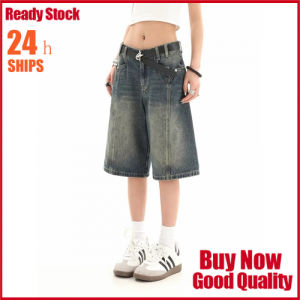 Womens Cargo Denim Shorts Lightweight Summer Casual Relaxed Straight Mid Length Washed Utility Jeans