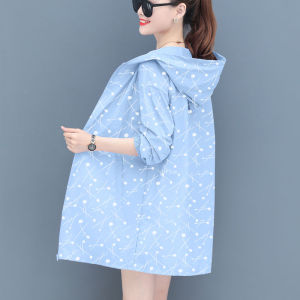 Womens Casual Mid-Length Summer New Style Thin Outerwear Large Size Loose Polka Dot Print Long Sleeve Sun Protection Coat