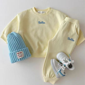 ตัวอักษรเกาหลีเสื้อผ้ากีฬาเด็กทารกฤดูใบไม้ผลิและฤดูใบไม้ร่วงผ้าฝ้ายเสื้อ + กางเกงเด็กผู้หญิงสบายๆสีทึบชุด 2PS