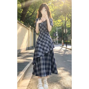 unifittoo | Blue Check V-Neck Stylish Slender Waist Long Dress