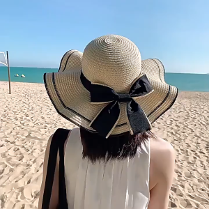 Ladies Big Edge Bow Ribbon Straw Hat Summer Wide Brim Beach Sun Protection Outdoor Hat