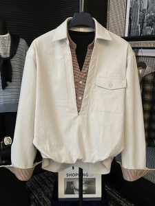 Original Autumn New Plaid Shirt Pocket Artistic Fake Two-Piece Fashion Simple Color Collision Shirt Mens Standard Fit Long Sleeve