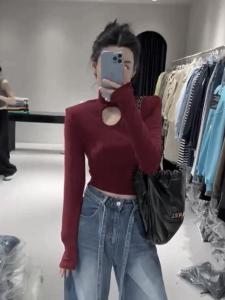 Áo Thun Cổ Cao Lót Lông Cừu Mùa Đông Khoét Sâu Thiết Kế Mỏng Dài Tay Áo Cơ Bản Gợi Cảm Nữ Áo Thun Tay Dài Cổ Cao