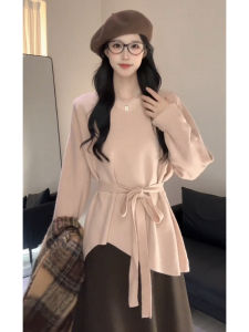 YUEZHONGWEI | Pink Off-Shoulder Puff Sleeve Sweater with Waist Tying