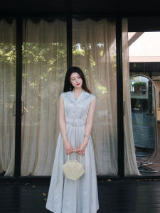 Blue Satin Draped Skirt Dress with Tuck Design And Suit Collar High Waist A-Line Summer Dress for Women Vintage Style