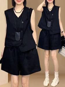 Elegant Short V-neck Top And Shorts Suit Womens Summer Casual Fashion Set Two-piece Suit Buttoning Dress Code