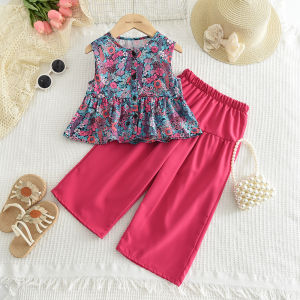Bear Leader 3 to 7 Years Kids Outfits for Girls Flower Print Sleeveless Tops and Wideleg Pants for Kids Summer Clothing Suits Baby Girls New Fashion Clothes Sets