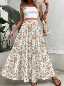 Printed Design Red & White Ditsy Floral Print All-Season Womens Maxi Skirt Boho Elastic Waist Flowy Half Skirt