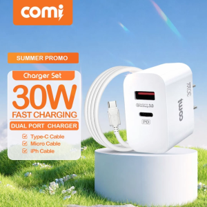 COMI BC325 30W PD QC3.0 Fast Charging Dual Port Charger Type-C & USB Universal Adapter W/ Cable For Micro Type-C iPh