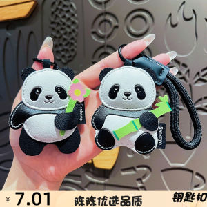 Leather Panda Keychain Cute Cartoon Floral Design Luxury Couple Bag Accessories Light Weight Gift