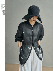Chic Ethnic Print Loose Ramie Shirt Long Sleeve