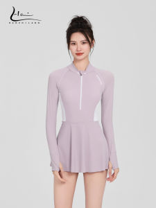 Womens One-Piece Long Sleeve Swimsuit Slimming Belly Covering Surfing Sun Protection Dress Style Swimming Suit Diving Surfing Suit