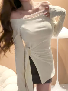 Áo Thun Nữ Dáng Ôm Dài Tay Ren Hở Vai Cạp Cao Mùa Thu Mới Không Đều Thắt Lưng Cổ Tròn Tay Dài Thường Ngày