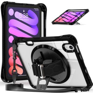 Heavy Duty Shockproof Rugged Kids Case For iPad Mini 7 A17 Pro 2024 With Rotating Hand Ring Kickstand Holder Built-in Pencil Slot Holder Come With Adjustable Shoulder Strap