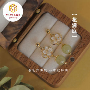 Viviann Original Design 925 Sterling Silver Hetian Jade Earrings Small Orchid Flower Pendant Earrings Vintage Hetian Jade Stud Earrings for Women Green Jade Earring Womens Boho Jewelry Pendiente