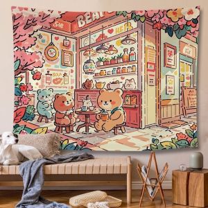 VIKAMA Warm Home Cat Rabbit Living Room Tapestry Wall Hanging Home Decor for Bedroom Living Room Dorm Japanese Aesthetic