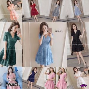 P2878 เดรสลูกไม้ลายกุหลาบแขนสั้น กระโปรงจับจีบshort sleeve rose lace dress pleated skirt