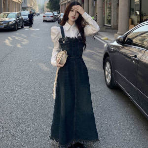 ชุดเซตสองชิ้นชุดเดรสยีนส์แบบยาวดูผอมเพรียววินเทจสไตล์เกาหลีดีไซน์สวยหวานใส่ช่วงฤดูใบไม้ร่วงสำหรับนักเรียนหญิง + เสื้อเชิ้ต