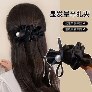 Black Satin Hair Clip with Pearl Bowknot for Women New 2025 Elegant Folded Hair Accessories Korean Style Fashion Jewelry