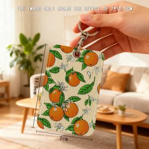 52TOYS | Fruit Orange Pattern Card Holder Leather Card Storage Box Key Chain Access Tag Holder ID Card Holder Key Chain