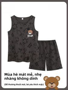 MiiOW | Bộ đồ ngủ mùa hè cho bé trai không tay quần short hình gấu dễ thương MiiOW Cat Person Home Clothes cotton 100% thoáng khí thoải mái