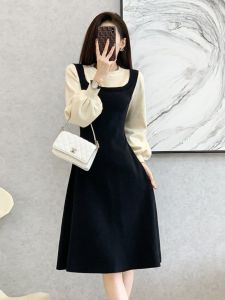 Autumn Winter Knitted Midi Dress Womens over Knee Base Skirt A-Line Gown Vintage Style High Waist Long Sleeve round Neck Dress