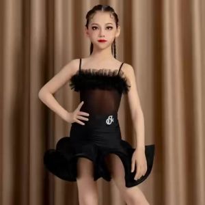 New Spring Summer Girls Latin Dance Costume Kids Black Suspender Mesh Practice Performance Outfit Performance Accessories