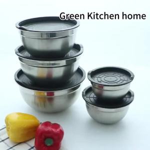 5PCS Mixing Bowls with Airtight Lids Stainless Steel Mixing Bowl Set Non-Slip Bottoms Black Kitchen Bowls Baking & Serving