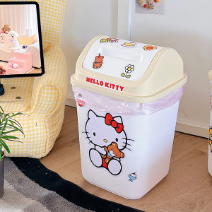 Cute Milkish Office Bedroom Cat Themed Trash Can Shake Cover Waste Paper Basket High Aesthetic Value Long Cylinder 12L Capacity
