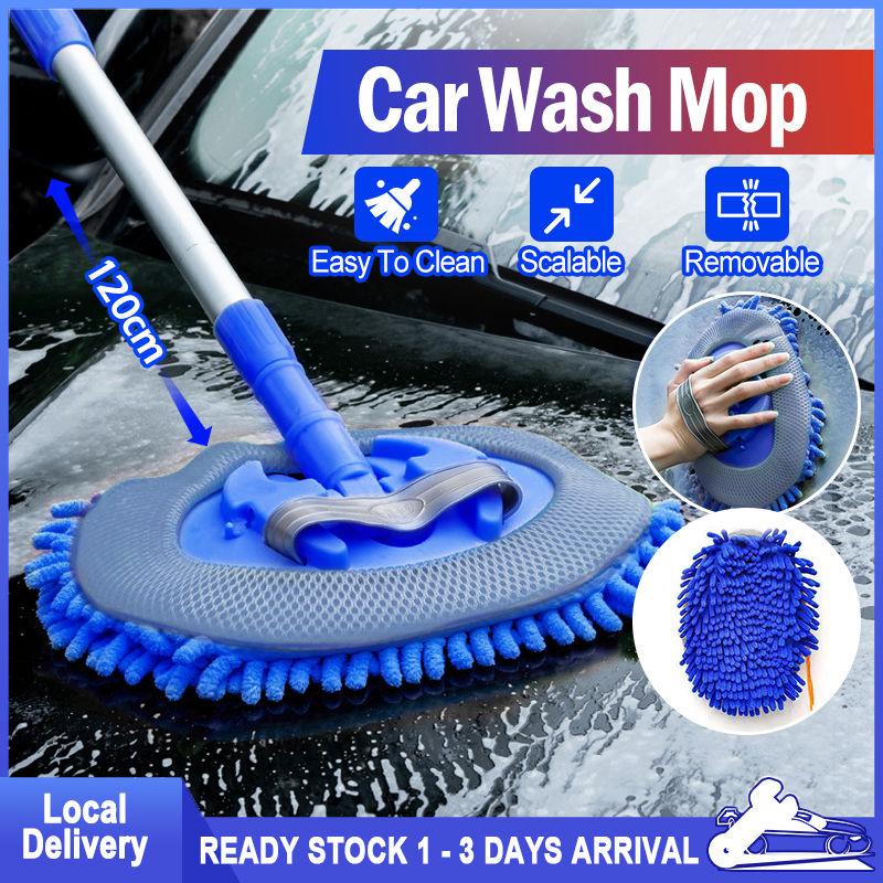 Car Cleaning Brush Car Wash Mop Three-Section Telescoping Long Handle Cleaning Mop Chenille Broom Auto Accessories Car Wash Brush Glass Wiper Soft Fiber Floor Adjustable Curvature Car Cleaning Tool Car Care Duster Household 伸缩洗车拖把
