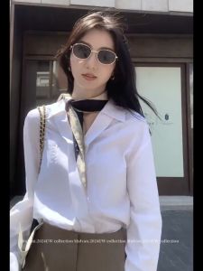 Women Korean Fashion Elegant V Neck Long Sleeve Shirts Loose French Style White Shirts Casual Office Tops