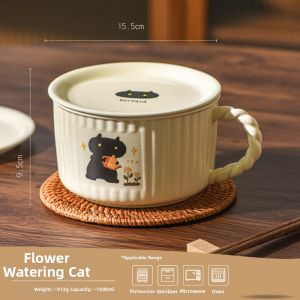 Large Capacity Ceramic Soup Bowl with Lid Microwaveable Handle